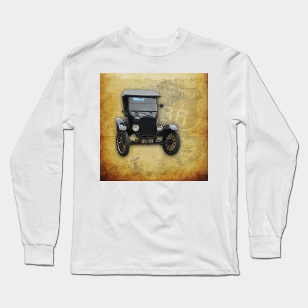 Antique Car on Old Route 66 on and Map Long Sleeve T-Shirt by ButterflyInTheAttic